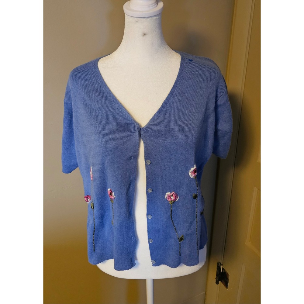 Vintage Blue Short Sleeve Cardigan Sweater Floral Embroidered V-Neck Knit Top